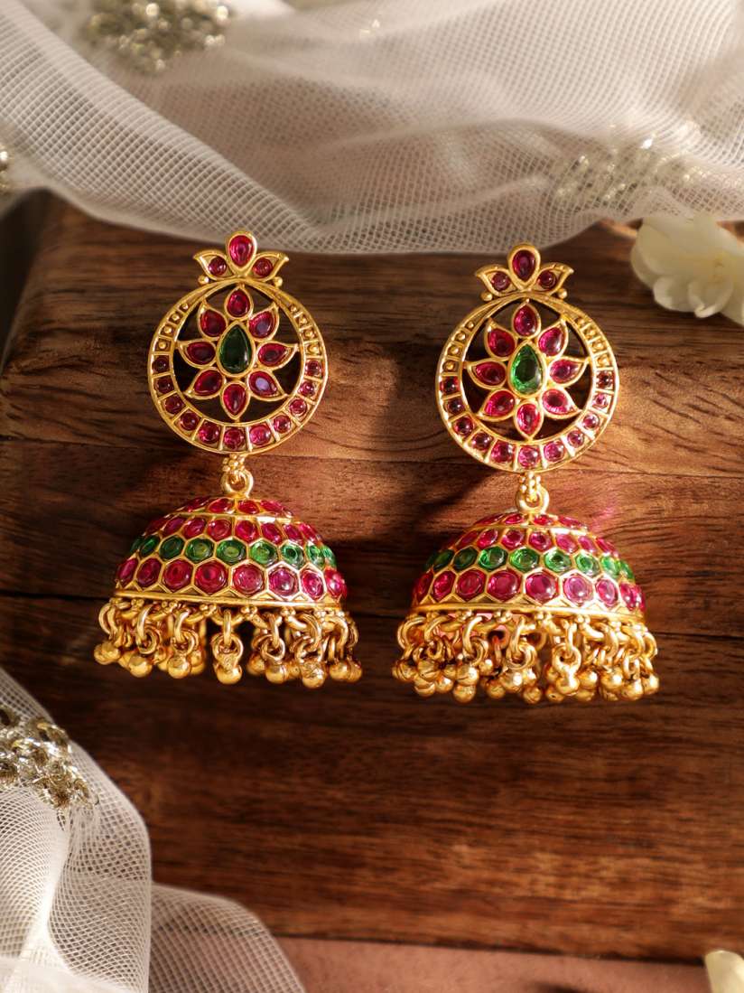 Buy Rubans 22k Gold Plated Dome Shape Jhumka Earrings with Red and Green Stone Earrings for Women 27169966 Myntra
