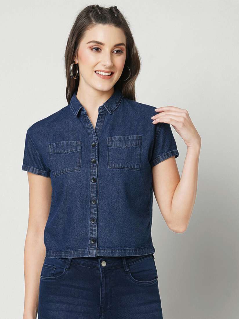 Buy Kraus Jeans Slim Fit Denim Crop Casual Shirt Shirts for Women 27173366 Myntra