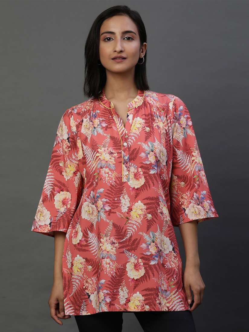 Buy AURELIA Floral Printed Mandarin Collar Pure Cotton Kurti Kurtis for Women 27185714 Myntra