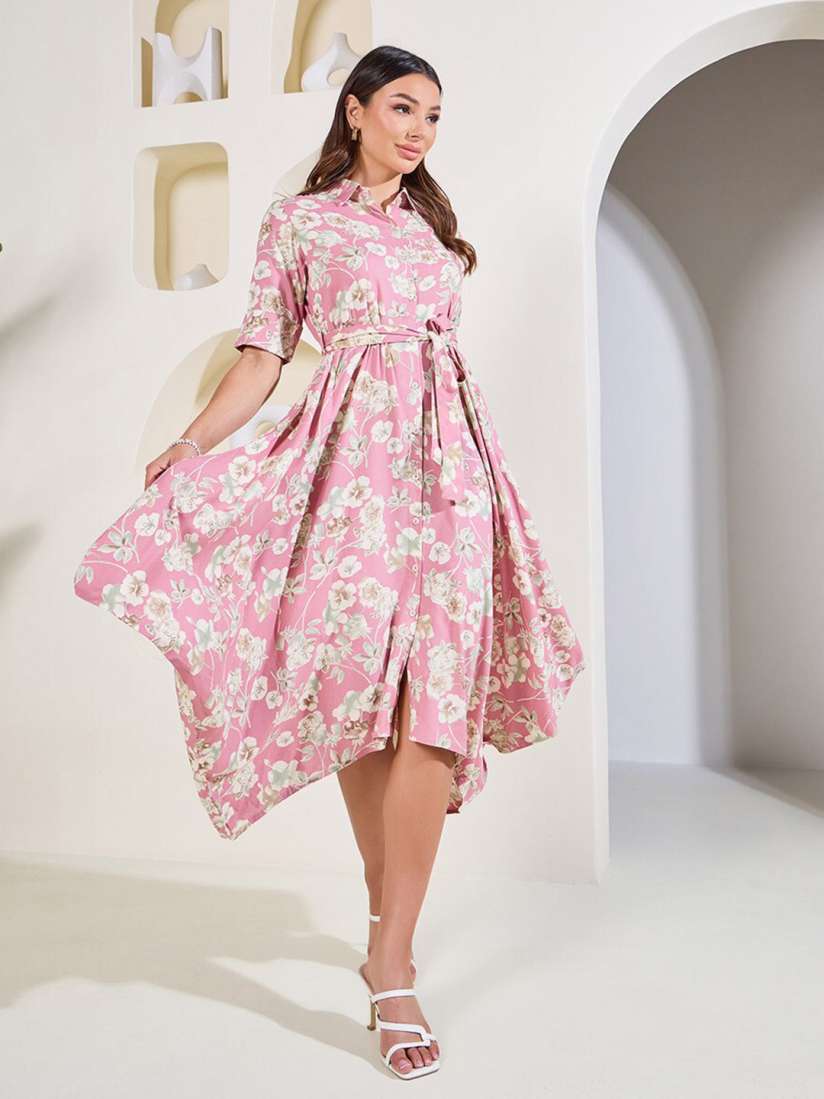Buy Styli Pink Floral Printed Short Sleeves Belted Handkerchief Hem Shirt Midi Dress Dresses for Women 27228754 Myntra