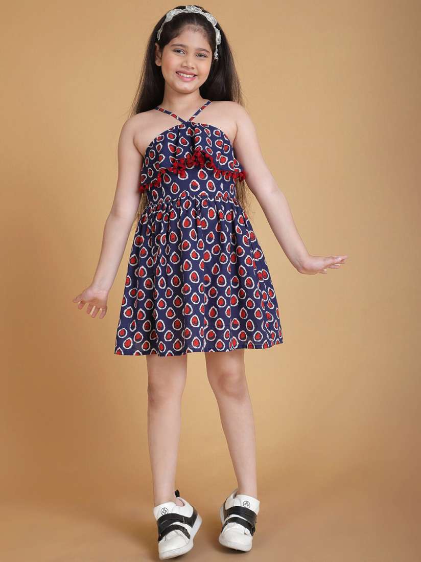 Buy Aks Kids Girls Floral Printed Pom Pom Embellished Halter Neck Cotton Fit Flare Dress Dresses for Girls 27249802 Myntra