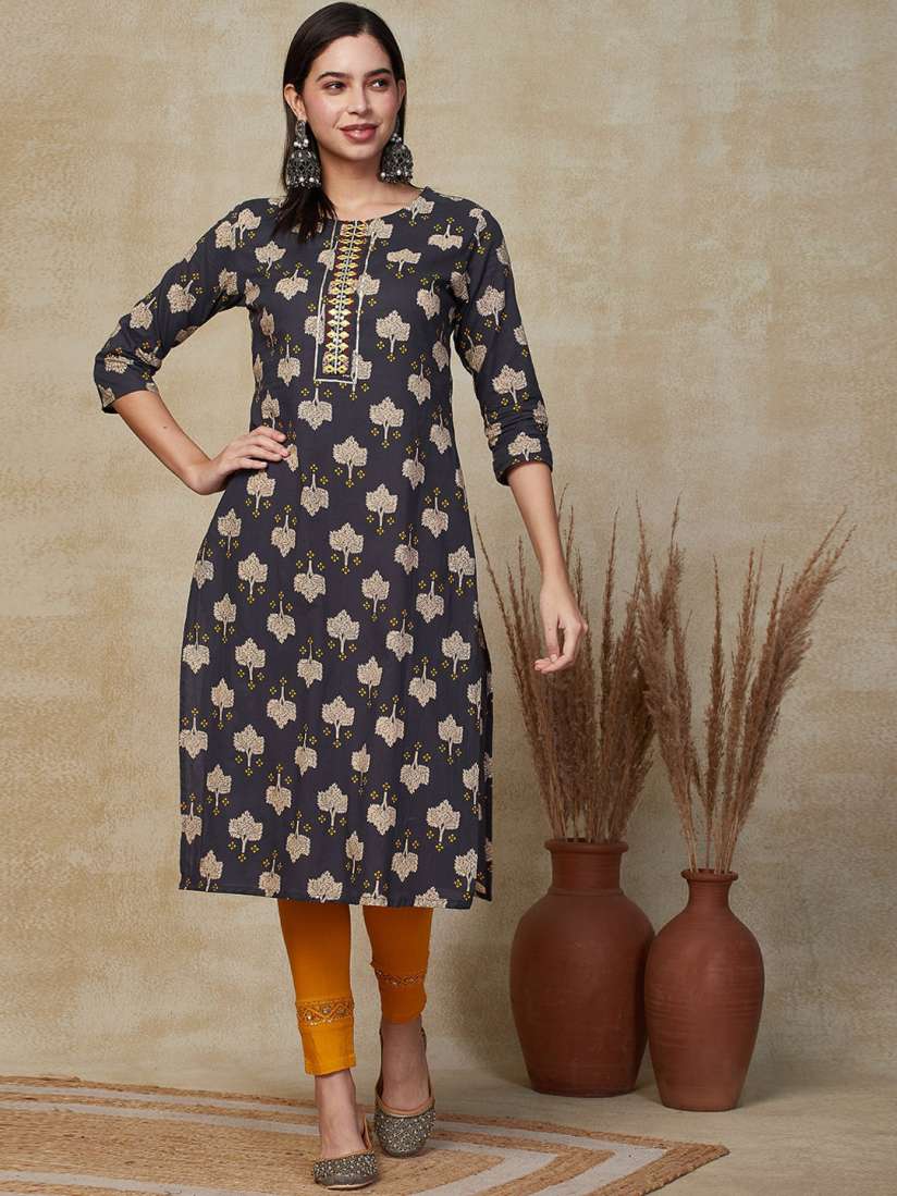 Buy FASHOR Ethnic Motifs Printed Mirror Work Pure Cotton Straight Kurta Kurtas for Women 27262274 Myntra