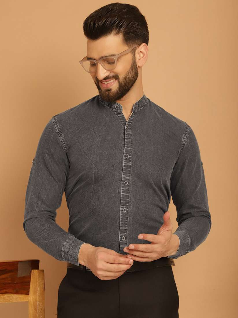 Buy Indian Needle Band Collar Classic Denim Formal Shirt Shirts for Men 27287578 Myntra