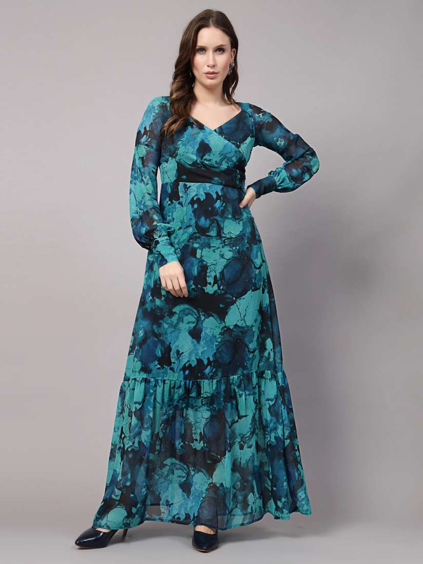 Buy aayu Abstract Printed Sweetheart Neck Cuffed Sleeves Gathered Tiered Georgette Maxi Dress Dresses for Women 27338036 Myntra