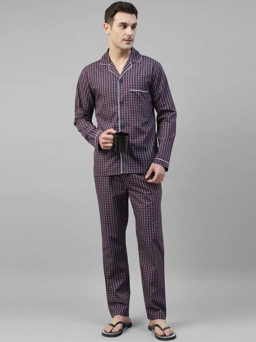 Buy Hancock Checked Lapel Collar Long Sleeves Cotton Relaxed Fit Night suit 28030Navy Red Night suits for Men 27338950 Myntra