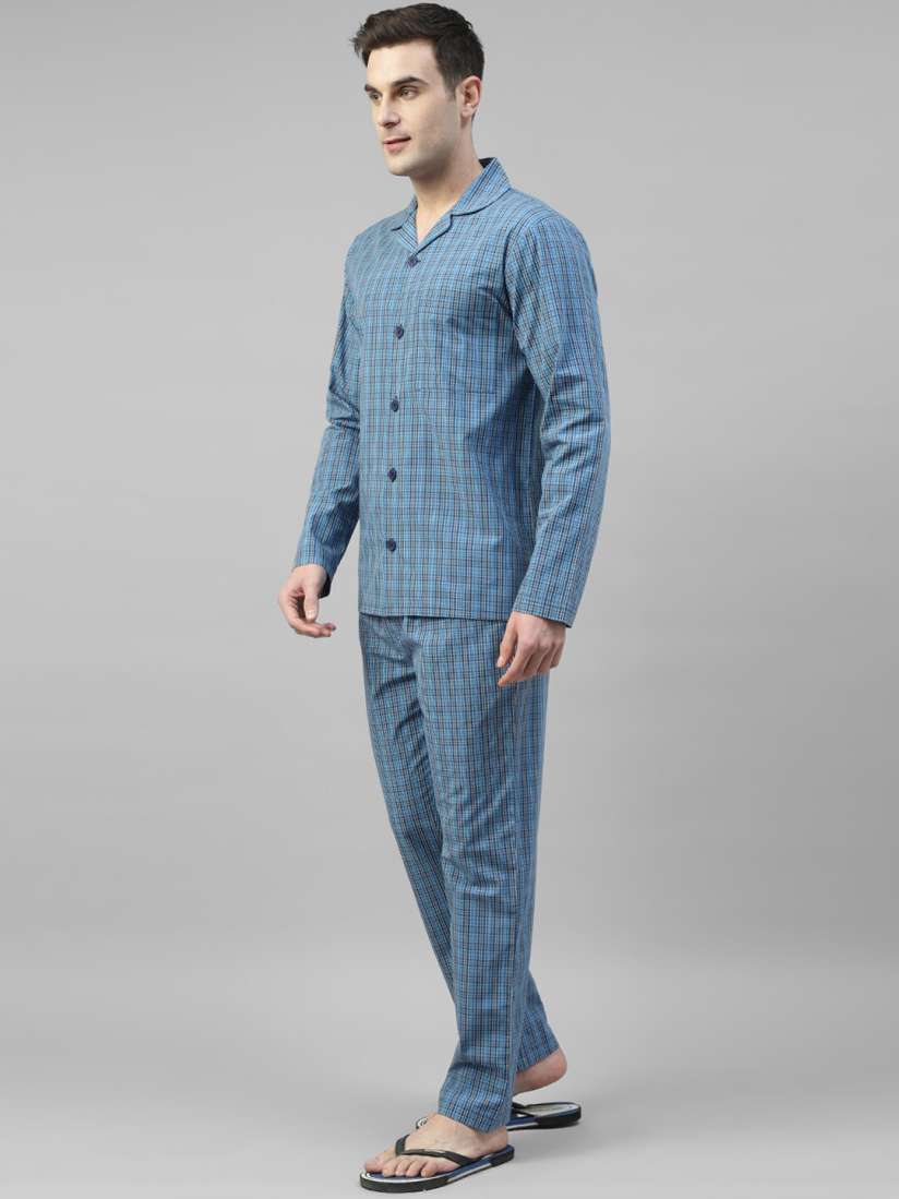 Buy Hancock Checked Lapel Collar Long Sleeves Cotton Relaxed Fit Night suit 28031Blue Night suits for Men 27338952 Myntra