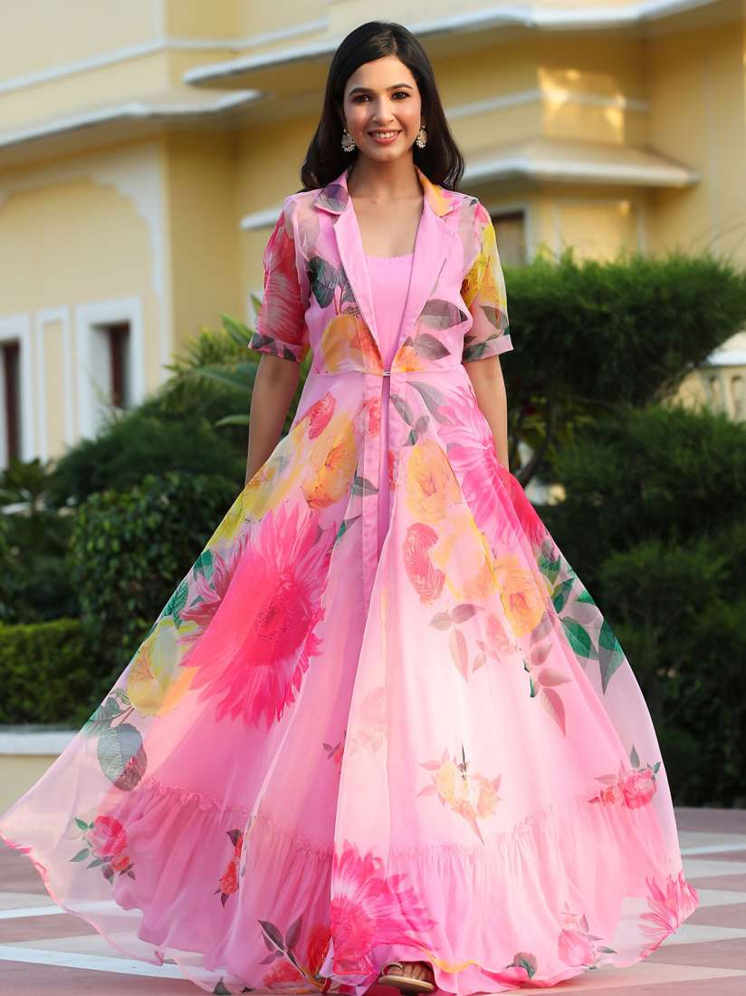 Buy GILLORI Cotton Silk Maxi Dress with Floral Print Organza Jacket Dresses for Women 27340382 Myntra
