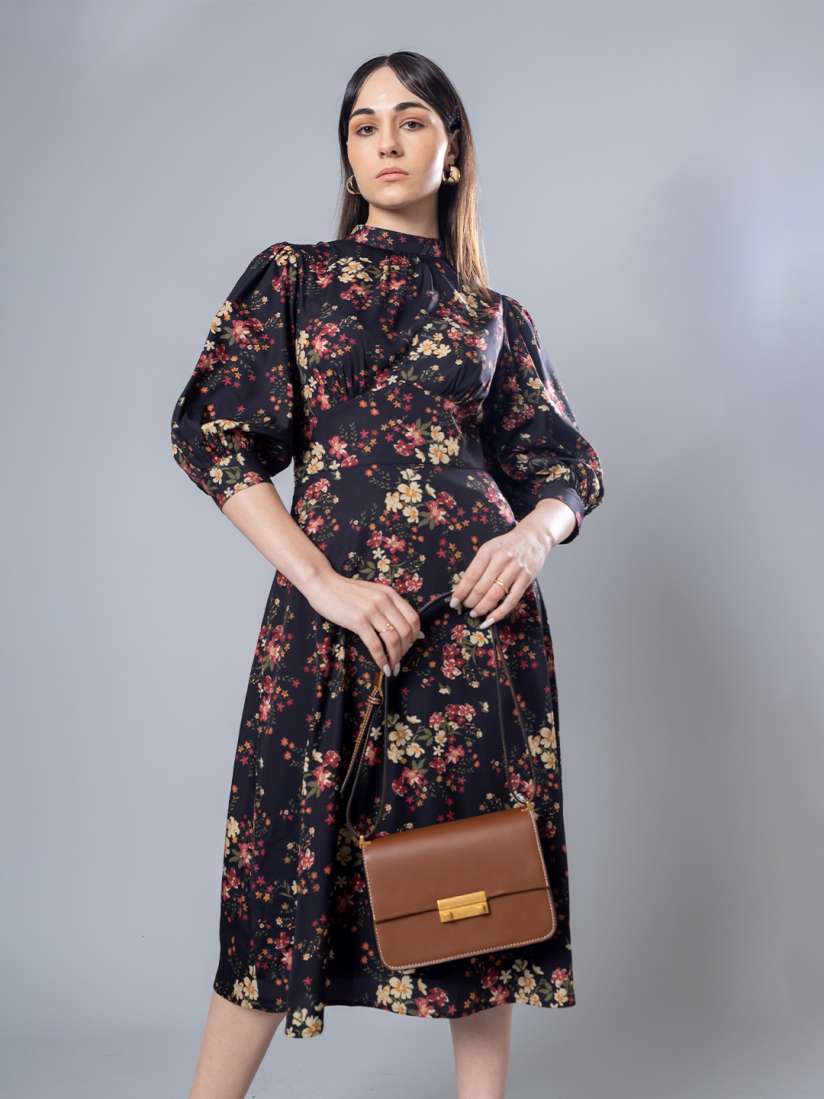 Buy H M Mock Neck Fit Flare Floral Midi Dress Dresses for Women 27347370 Myntra