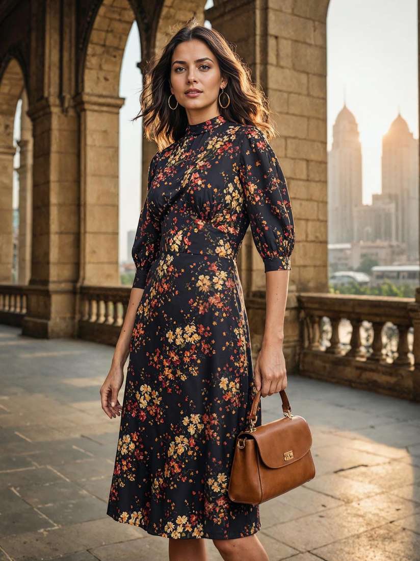 Buy H M Mock Neck Fit Flare Floral Midi Dress Dresses for Women 27347370 Myntra