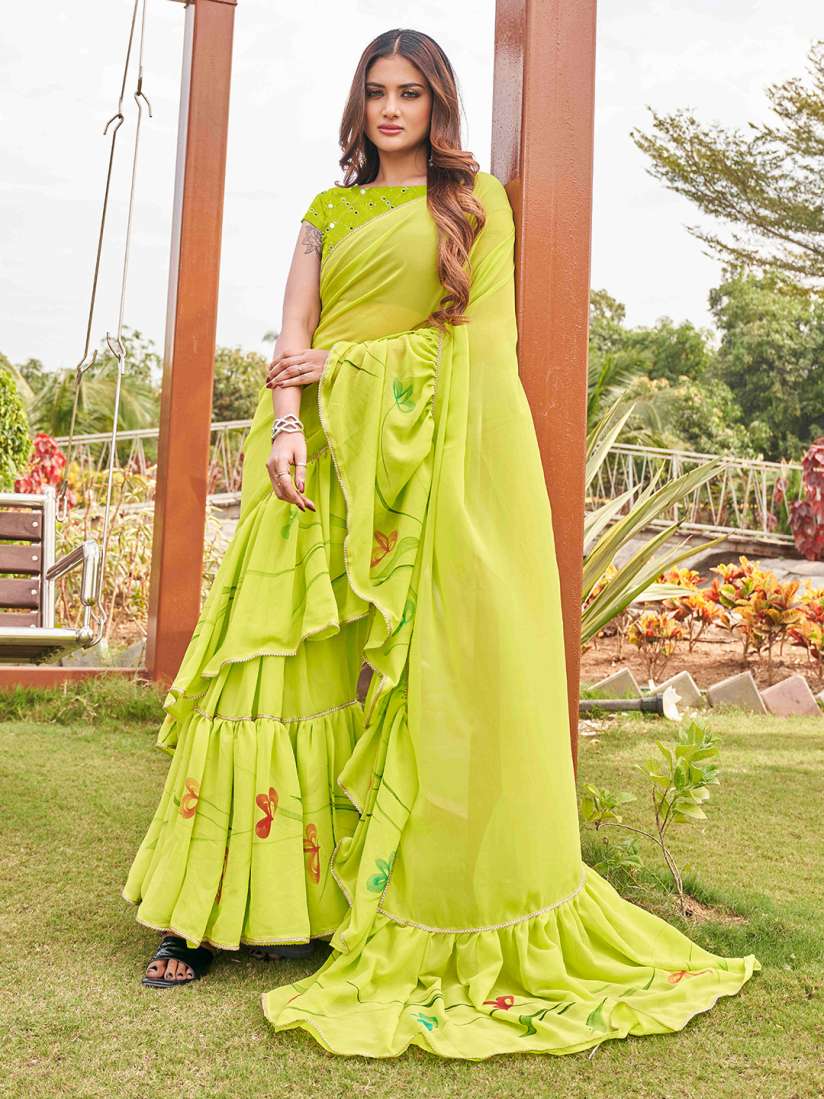 Buy Tikhi Imli Printed Ruffle Saree With Mirror Embroidered Work Blouse Sarees for Women 27357070 Myntra
