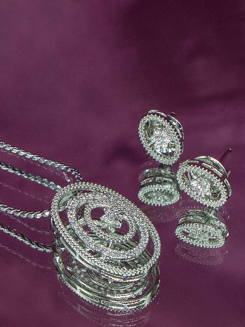 Buy Manikya Rhodium Plated American Diamond Stones Studded Flower Shaped Pendant And Earrings Jewellery Set for Women 27365290 Myntra