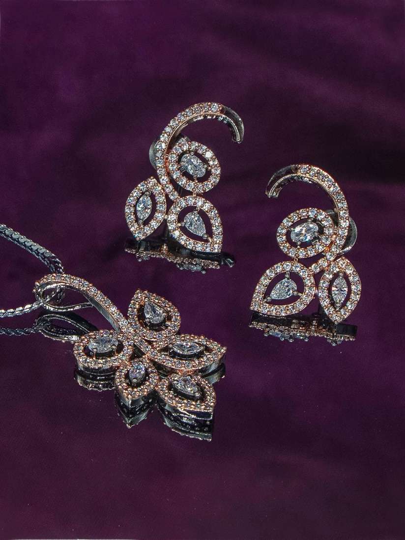 Buy Manikya Rose Gold Plated American Diamond Studded Flower Shaped Pendant and Earrings Jewellery Set for Women 27365294 Myntra