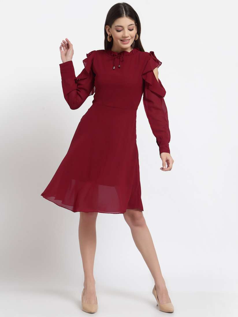 Buy aayu Tie Up Neck Cold Shoulder Georgette Fit Flare Dress Dresses for Women 27377344 Myntra