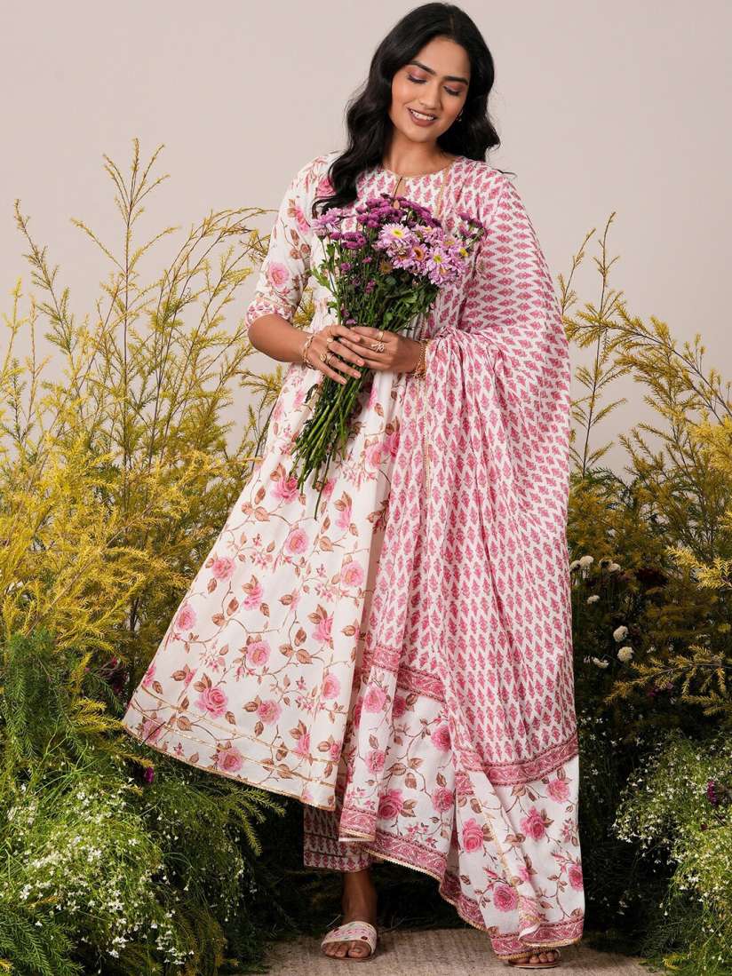 Buy Libas Off White Floral Printed Flared Pure Cotton Anarkali Kurta With Palazzo Dupatta Kurta Sets for Women 27399498 Myntra