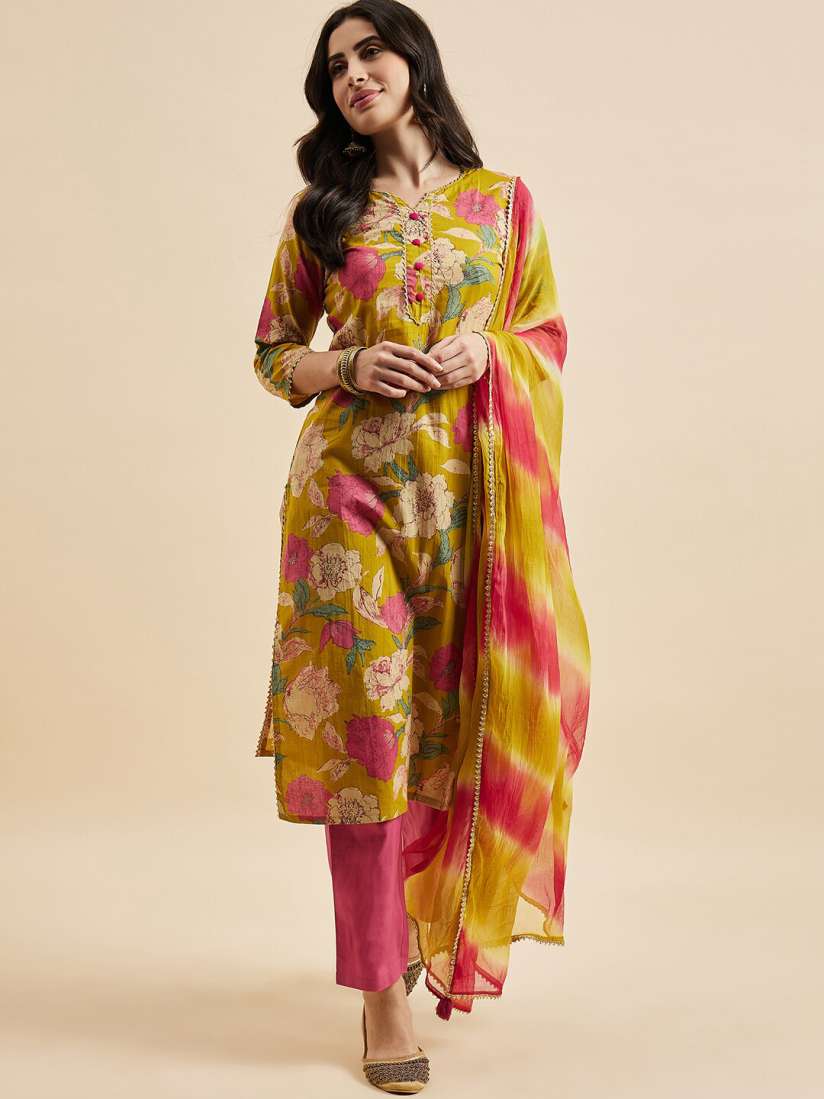 Azira Floral Printed Regular Pure Cotton Notched Neck Kurta with Palazzos &  Dupatta