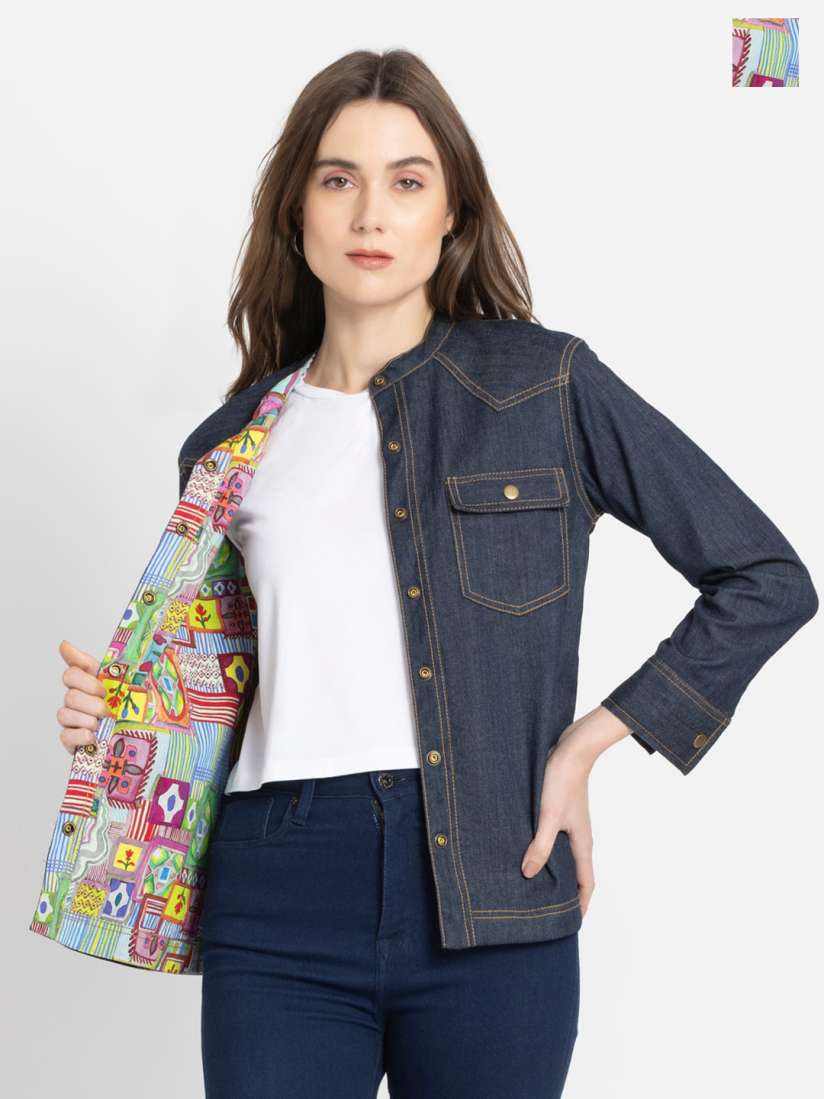 Buy SHAYE Premium Cotton Twill Printed Layer Band Collar Reversible Denim Designer Jacket Jackets for Women 27482058 Myntra
