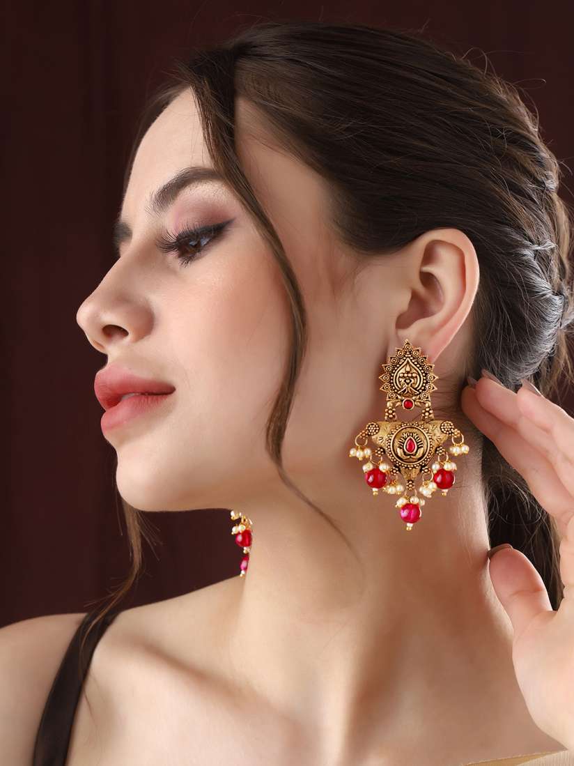Buy Priyaasi Gold Plated Faux Ruby Studded Beads Beaded Contemporary Drop Earrings Earrings for Women 27487450 Myntra