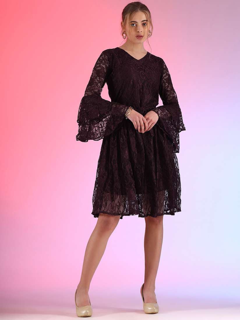Lace fluted sleeve flare dress outlet