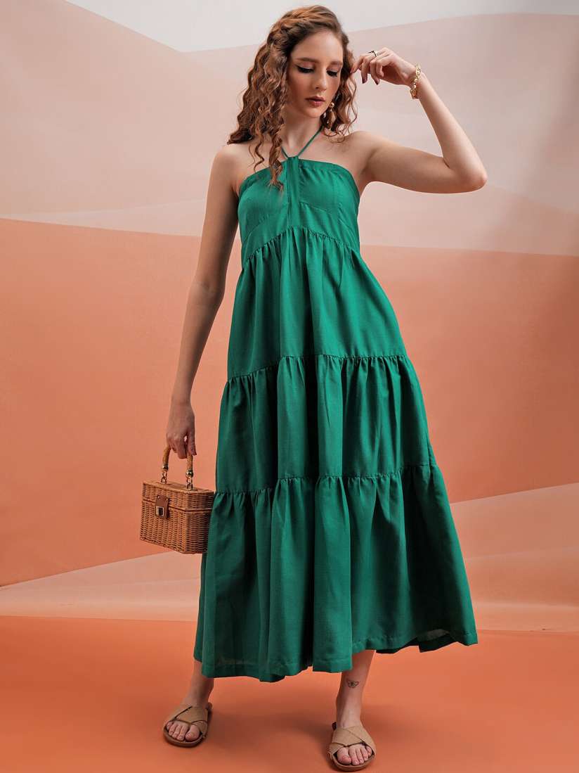 Buy Tokyo Talkies Green Halter Neck Empire Tiered Maxi Dress Dresses for Women 27505146 Myntra
