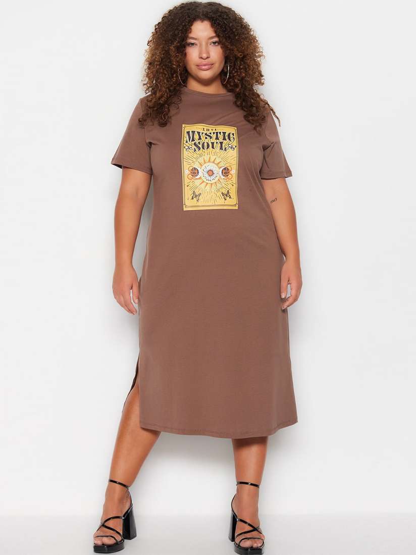 Buy Trendyol Plus Size Graphic Print Pure Cotton T shirt Midi Dress Dresses for Women 27532350 Myntra