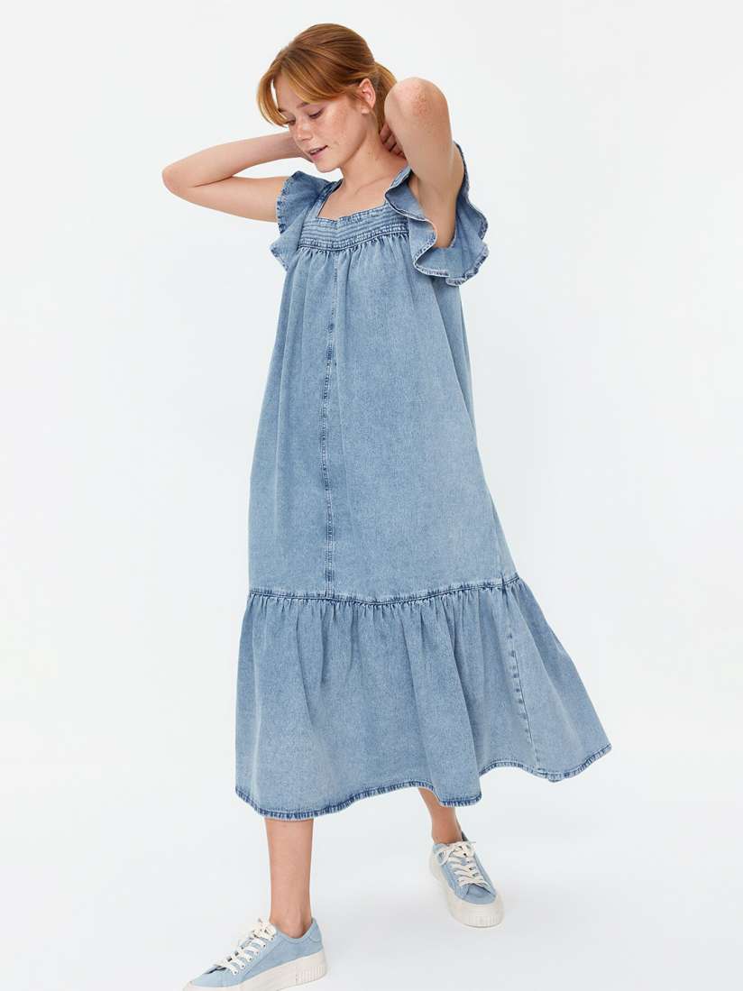 Buy Trendyol Flutter Sleeve Pure Cotton Denim Drop Waist Midi Dress Dresses for Women 27533056 Myntra