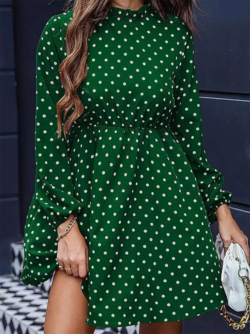Green polka dot long sleeve dress clearance