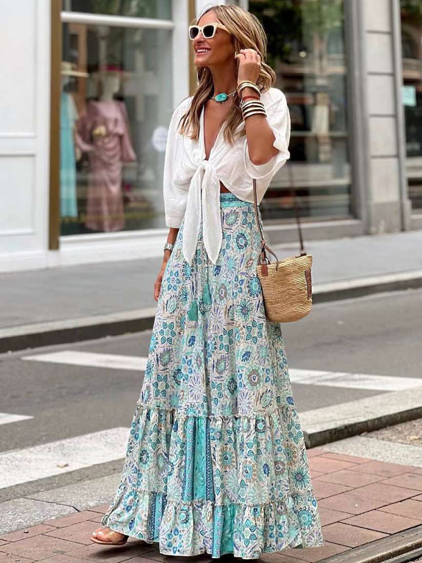 Long white floral maxi skirt top