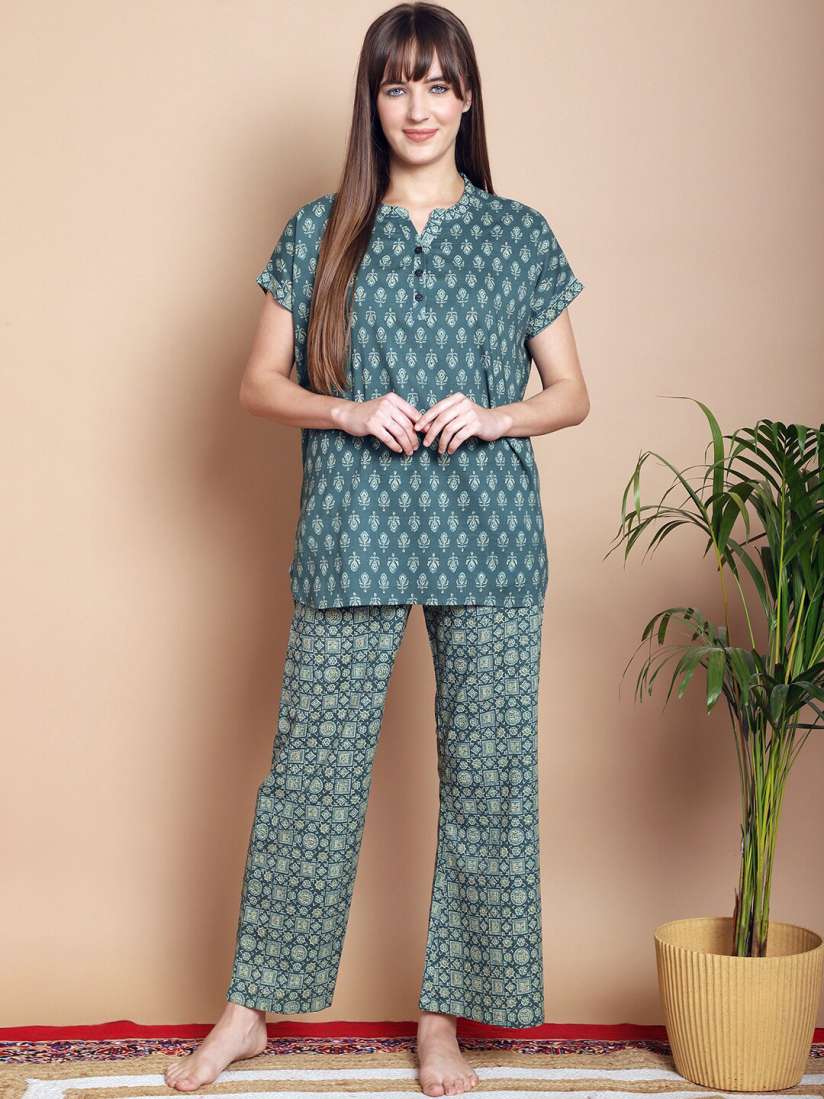 Buy Kanvin Ethnic Motifs Printed Pure Cotton Top With Pyjamas Night suits for Women 27556804 Myntra