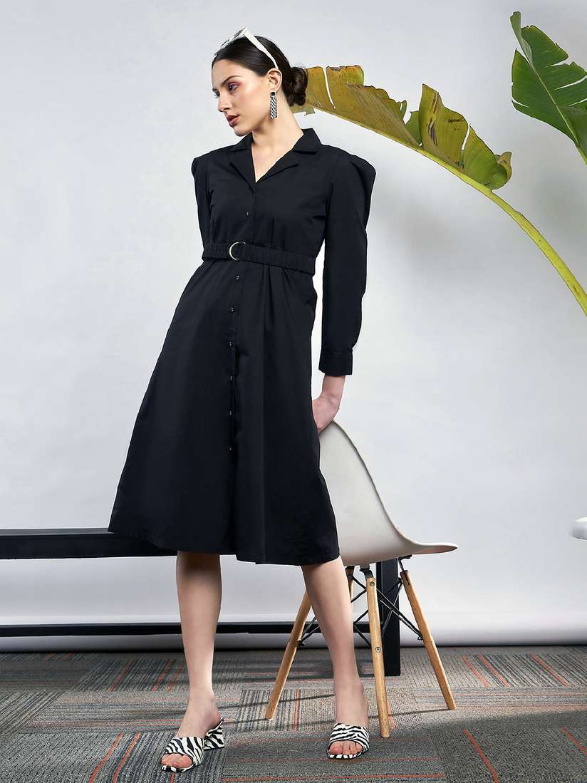 Ladies Dresses Black Puff Sleeve Belted Shirt Dress Sassafras X
