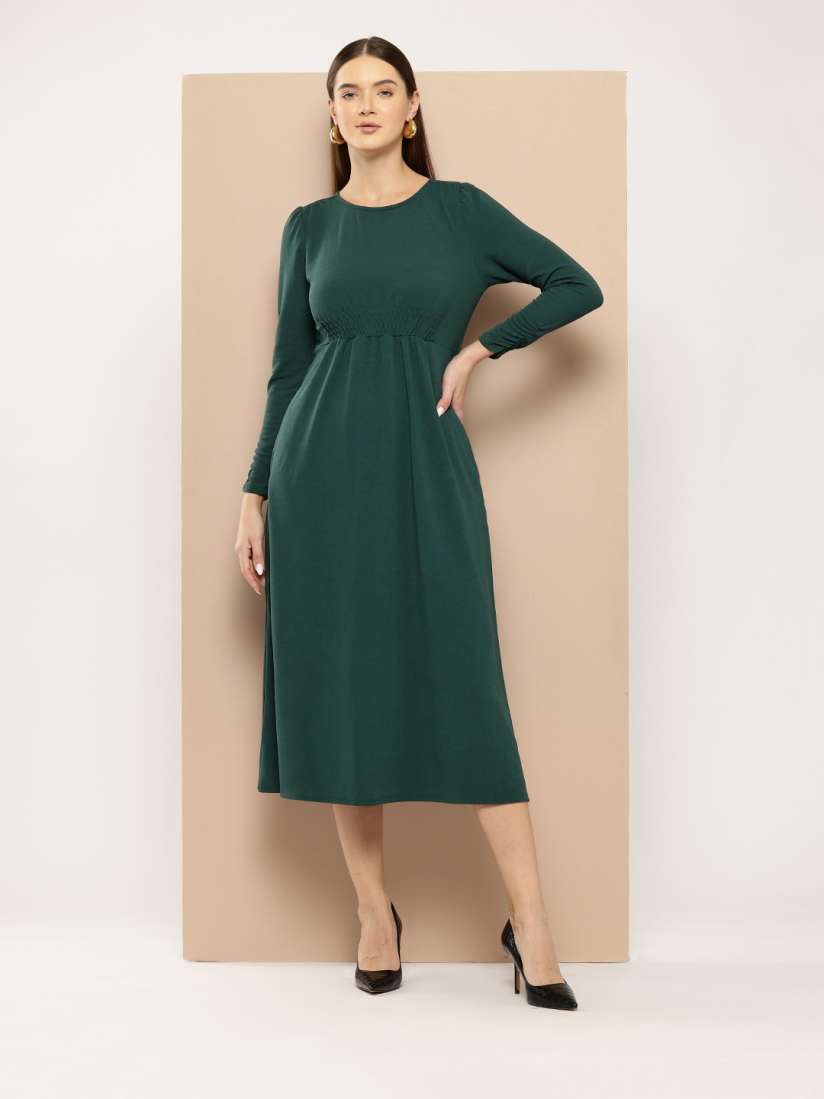 Buy Chemistry Smocked and Ruched Fit Flare Midi Dress Dresses for Women 27566236 Myntra