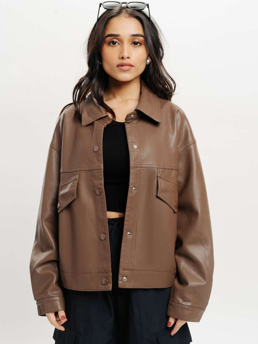 Buy FREAKINS Spread Collar Crop Leather Jacket Jackets for Women 27568060 Myntra