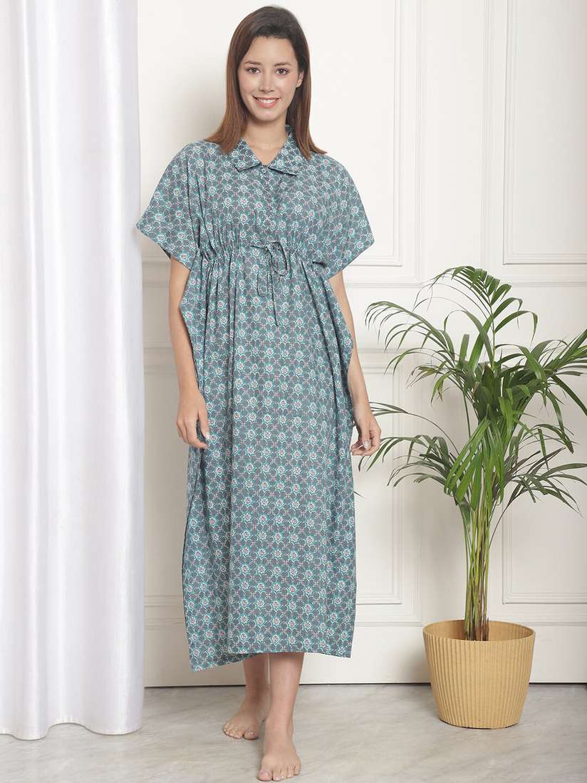 Kanvin Printed Polo Collar Pure Cotton Midi Kaftan Nightdress