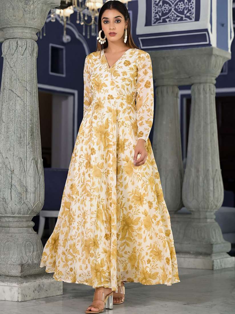 Buy Varanga Floral Printed V Neck Angarakha Style Long Sleeves Maxi Dress Dresses for Women 27588822 Myntra