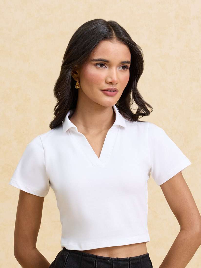 Buy 20Dresses White ss24 Polo Collar Short Sleeves Crop Slim Fit T shirt Tshirts for Women 27613174 Myntra