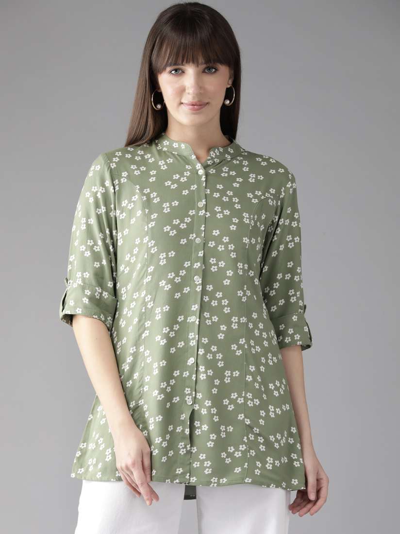 Buy Cayman Floral Print Mandarin Collar Roll Up Sleeves Longline Ethnic Top Tops for Women 27622940 Myntra