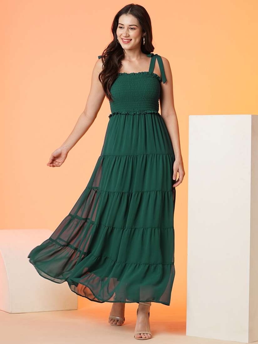 Buy Globus Green Shoulder Straps Smocked Tiered Georgette Maxi Dress Dresses for Women 27637522 Myntra
