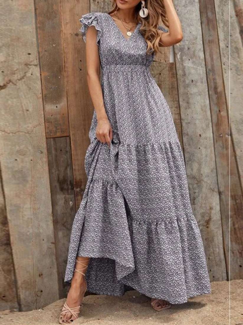 Buy StyleCast Grey Floral Printed V Neck Flutter Sleeve Tiered Maxi Dress Dresses for Women 27652012 Myntra
