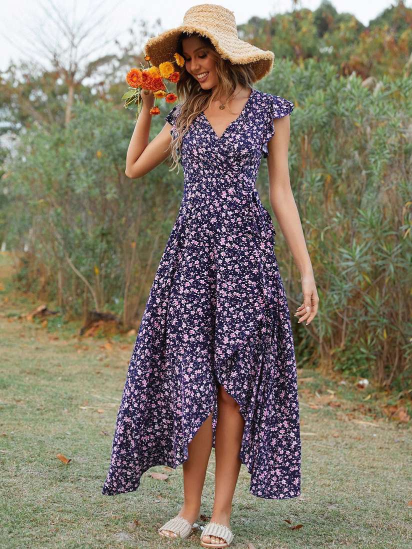 Buy StyleCast Navy Blue Floral Printed V Neck Flutter Sleeve Wrap Dress Dresses for Women 27652064 Myntra