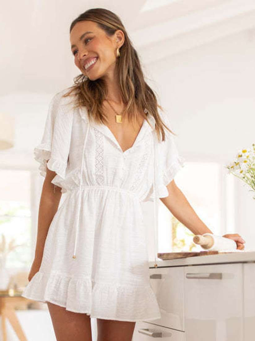 White v neck fit and flare dress clearance