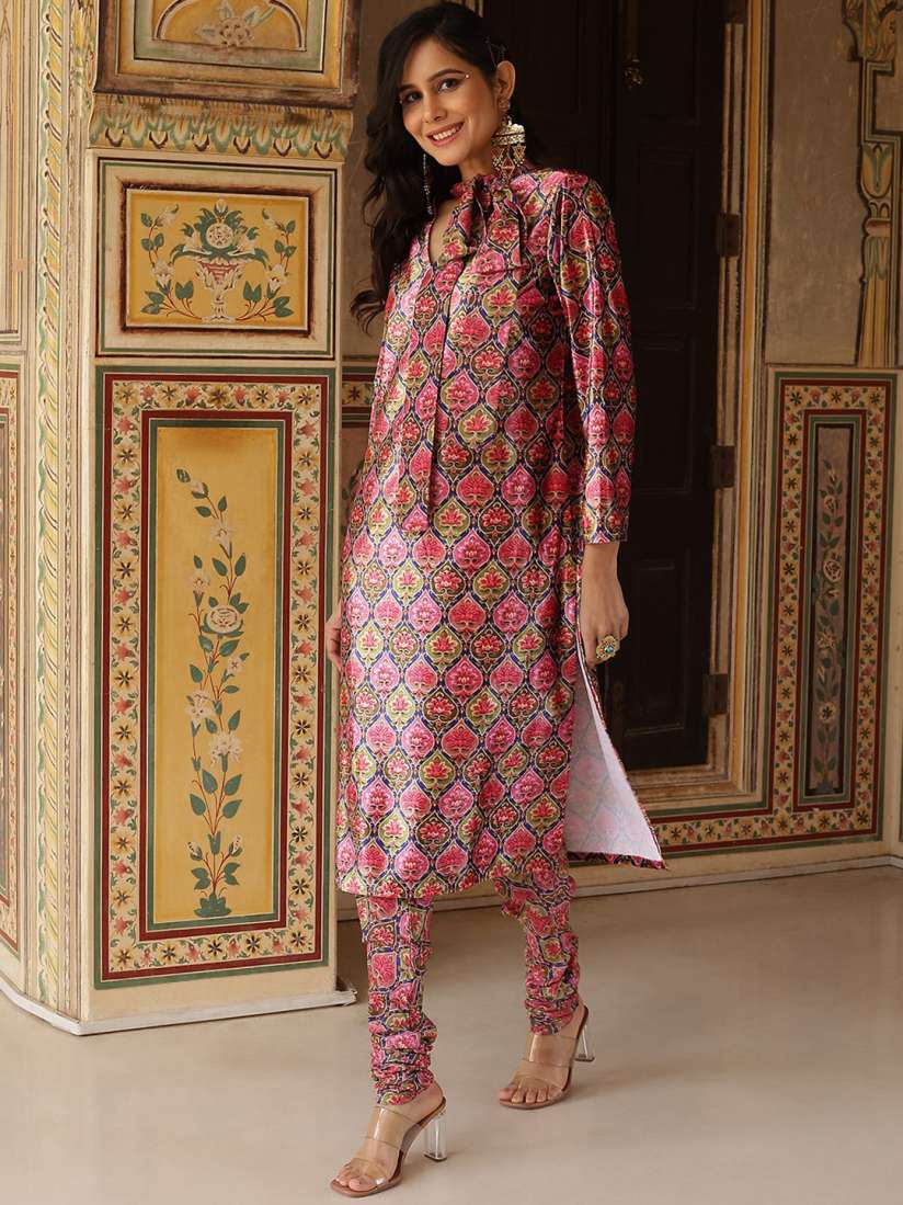 Buy AKS Couture Floral Printed Tie Up Neck Long Sleeves Regular Velvet Kurta With Churidar Kurta Sets for Women 27658522 Myntra
