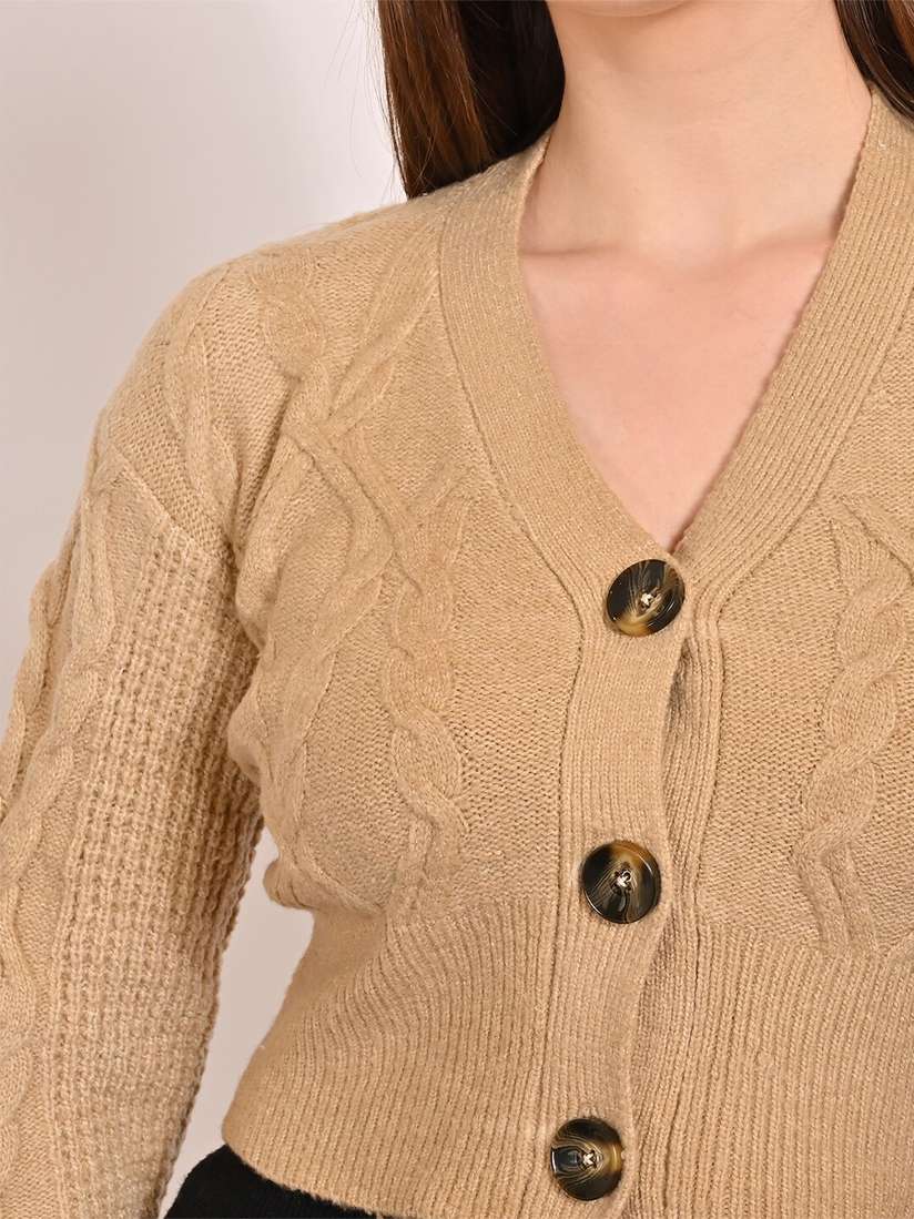 Knit Cardigan Cropped Camel Sweater NoBarr Cable Knit V-Neck Long