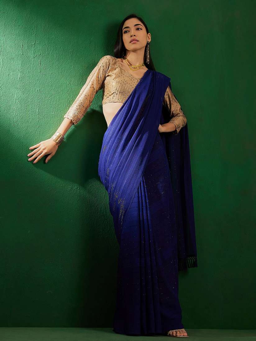Buy Sangria Royal Blue Striped Embellished Saree Sarees for Women 27730882 Myntra