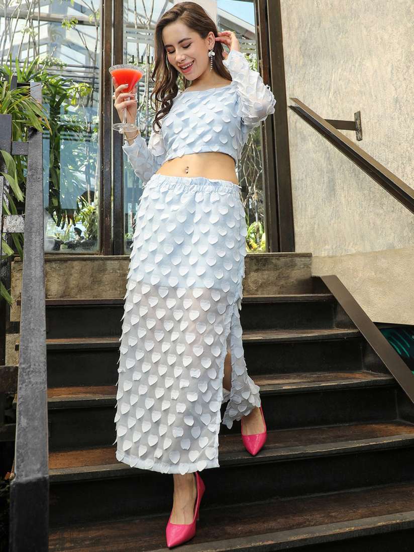 Buy PINACOLADA Self Design Round Neck Long Sleeves Top With Mid Rise Skirt Co Ords for Women 27737804 Myntra