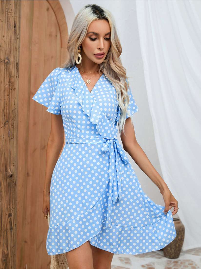 Blue and white polka dot wrap dress outlet
