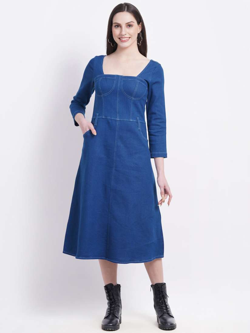 Denim fit and flare midi dress deals