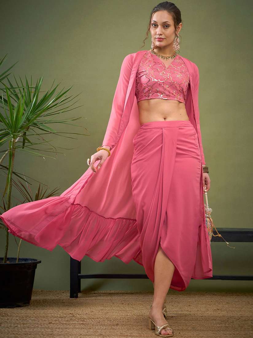 Buy Shae by SASSAFRAS Pink Embroidered Crop Top With Shrug Dhoti Skirt Co Ords Co Ords for Women 27817250 Myntra