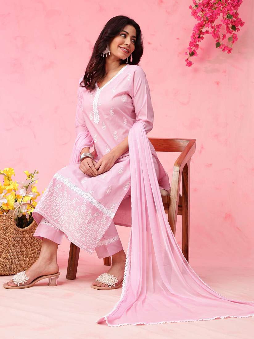 Buy Anouk Pink Paisley Embroidered V Neck Pure Cotton Straight Kurta with Trousers Dupatta Kurta Sets for Women 27830460 Myntra