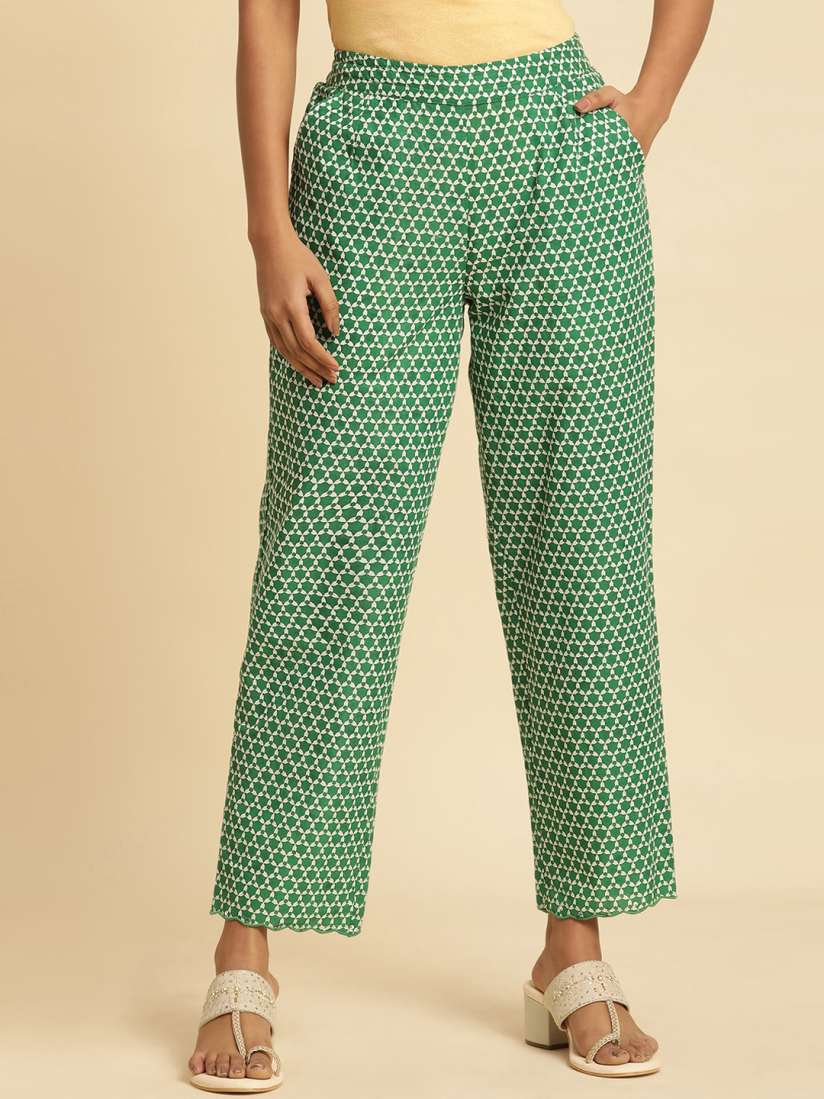 Buy W Women Green Geometric Printed Pure Cotton Trouser Trousers for Women 27832288 Myntra