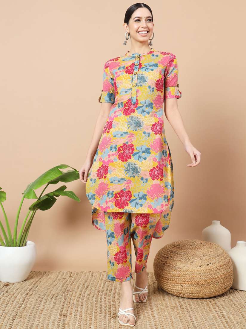 Buy Yufta Floral Printed Mandarin Collar Pure Cotton Tunic With Trouser Co Ords for Women 27835314 Myntra