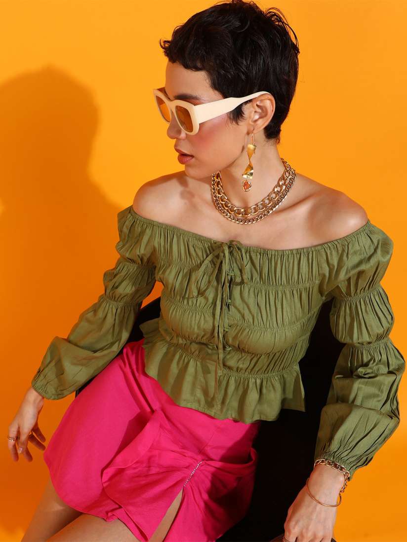 Buy PRETTY LOVING THING Smoked Details Off Shoulder Puff Sleeves Crop Blouson Top Tops for Women 27845870 Myntra